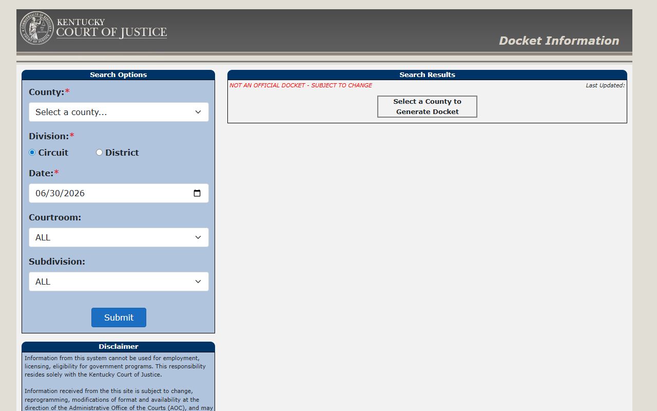 Bracken County court dockets Kentucky Court of Justice docket search