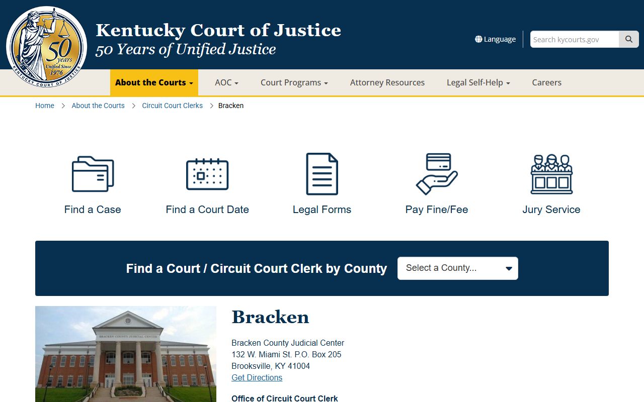 Bracken County Court records page for the Judicial Center and clerk office